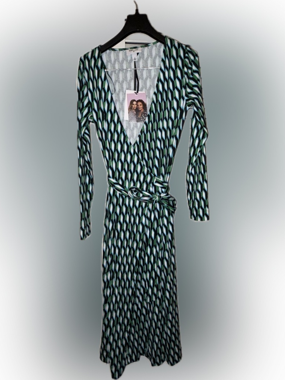 Diane Von Furstenberg Teal, Navy and White Geometric Wrap Dress